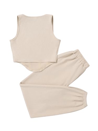 Girl's Letter Patchwork Asymmetrical Hem Crop Tank Tops & Waist Sweatpants 2 Piece Workout Sets