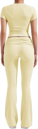Women's 2 Piece Lounge Outfits Slim Short Sleeve Tops Low Rise Flare Leggings Sets Yoga Sweatsuit