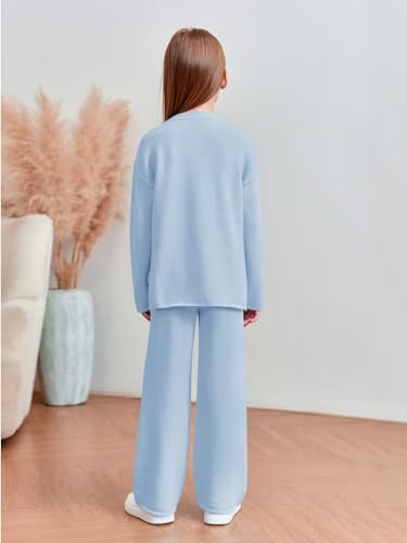 Girls 2 Piece Outfit Set Long Sleeve Button Knit Pullover Sweater Top and Wide Leg Pants Sweatsuit 5-14 Years