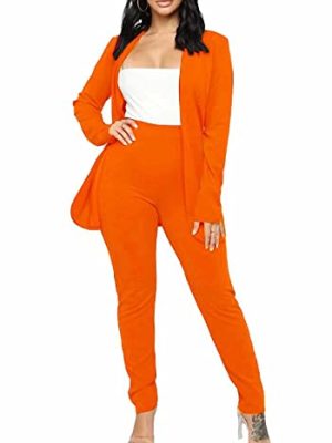 Women's Casual Pants Suit 2 Piece Business Outfits Solid Long Sleeve Blazer and Pencil Pant Sets