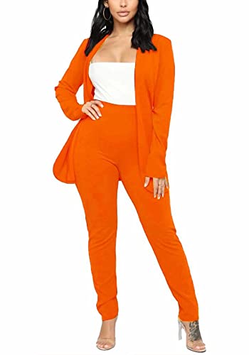 Women's Casual Pants Suit 2 Piece Business Outfits Solid Long Sleeve Blazer and Pencil Pant Sets
