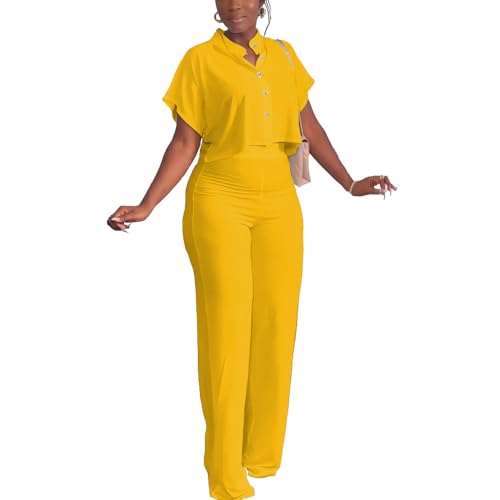 Women's Summer 2 Piece Outfits Casual Tracksuit Short Sleeve Button Down Crop Top Wide Leg Long Pant Lounge Sets