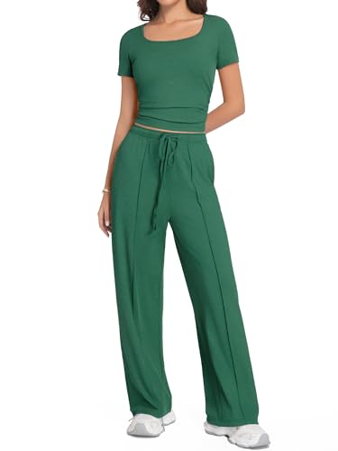 Women's Summer 2 Piece Outfits Square Neck Short Sleeve Tops High Waisted Wide Leg Pants Casual Matching Sets