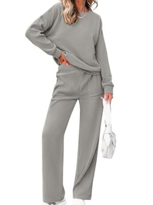 Women's 2 Piece Outfits 2024 Winter Fashion Tracksuits Long Sleeve Pullover Tops Straight Leg Pants Lounge Sets