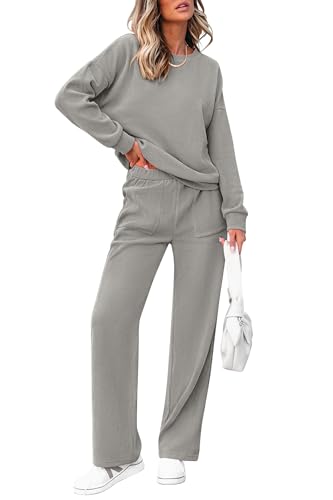 Women's 2 Piece Outfits 2024 Winter Fashion Tracksuits Long Sleeve Pullover Tops Straight Leg Pants Lounge Sets