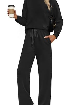 Two Piece Sets for Women Fall Outfits Lounge Sets Mock Neck Tops Wide Leg Pants Vacation Travel Airport Outfits