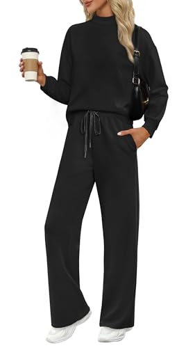 Two Piece Sets for Women Fall Outfits Lounge Sets Mock Neck Tops Wide Leg Pants Vacation Travel Airport Outfits