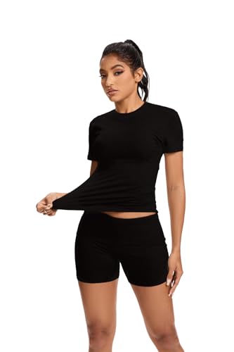 Women Workout 2 Piece sets Short Sleeve Tops Slim Foldover Shorts Matching Gym Outfits Tracksuit