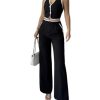 Women's Summer 2 Piece Outfits Halter Crop Tops and Wide Leg Pants Business Casual Sets