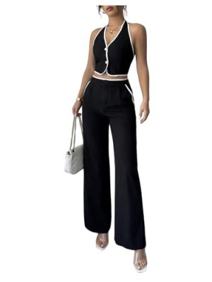 Women's Summer 2 Piece Outfits Halter Crop Tops and Wide Leg Pants Business Casual Sets