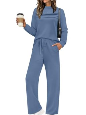 Two Piece Sets for Women Fall Travel Vacation Outfits Long Sleeve Lounge Sets Side Slit Wide Leg Pants S-3XL