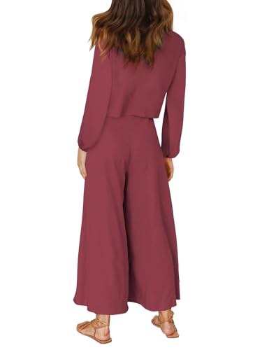 Women's Summer 2 Piece Outfits Round Neck Crop Basic Top Cropped Wide Leg Pants Set Jumpsuits