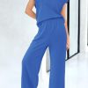 Women Two Piece Outfits Summer Short Sleeve Knit Tops Wide Leg Pants Lounge Matching Sets Sweatsuit Airport