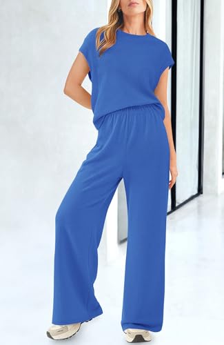 Women Two Piece Outfits Summer Short Sleeve Knit Tops Wide Leg Pants Lounge Matching Sets Sweatsuit Airport