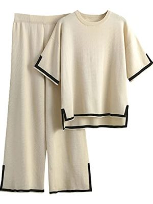 Womens Knit 2 Piece Sweater Sets Short Sleeve Pullover Tops Elastic Waist Wide Leg Pants Lounge Set