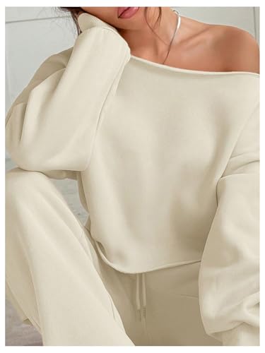 Women's 2 Piece Outfits Fall Sweatsuits Off The Shoulder Crop Top Wide Leg Sweatpants Casual Matching Lounge Sets Pure Apricot