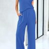 Women Two Piece Outfits Summer Short Sleeve Knit Tops Wide Leg Pants Lounge Matching Sets Sweatsuit Airport