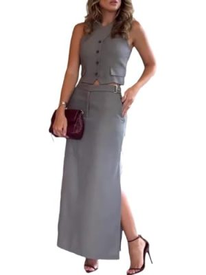 Women Two Piece Outfits Suits Summer Button Blazer Vest and High Waisted Slit Skirt Solid Color Work Matching Sets