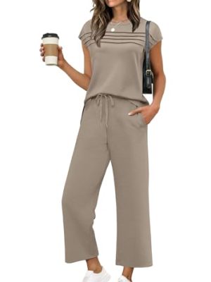 Two Piece Sets for Women Summer Travel Vacation Outfits Cap Sleeve Lounge Matching Sets Wide Leg Pants S-3XL