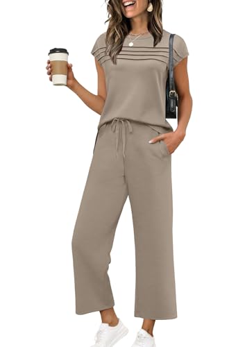 Two Piece Sets for Women Summer Travel Vacation Outfits Cap Sleeve Lounge Matching Sets Wide Leg Pants S-3XL