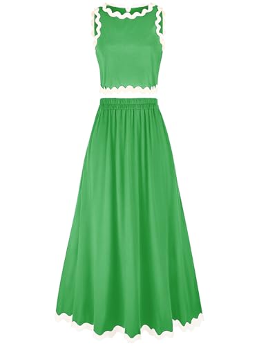 Womens 2 Piece Outfits Dressy Casual Summer Crop Tops Ric Rac Trim High Waisted Maxi Skirt Set with Pocket