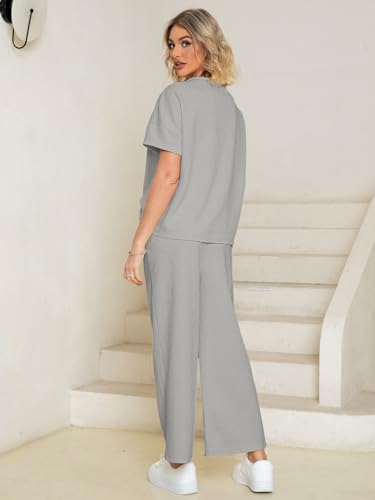 Womens 2 Piece Outfits Lounge Sets Short Sleeve Loose Fit Top and Wide Leg Pants Set Sweatsuits Tracksuit