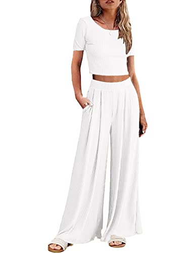 Ekouaer Women's 2 Piece Lounge Sets Short Sleeve Pajama Set Ribbed Knit Crop Top Wide Leg Pants Loungewear S-XXL
