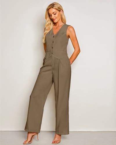 Pant Suits for Women Dressy Casual 2 Piece Sets Sleeveless Blazer Vest with High Rise Wide Leg Pants Work Office