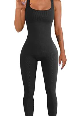Women Workout Seamless Jumpsuit Yoga Ribbed Bodycon One Piece Tank Top Leggings Romper