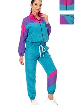 80s Track Suit for Women, 2 Piece Color Block Sweatsuits Neon Outfit Retro Sweatsuits for Themed Party