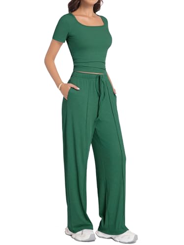 Women's Summer 2 Piece Outfits Square Neck Short Sleeve Tops High Waisted Wide Leg Pants Casual Matching Sets