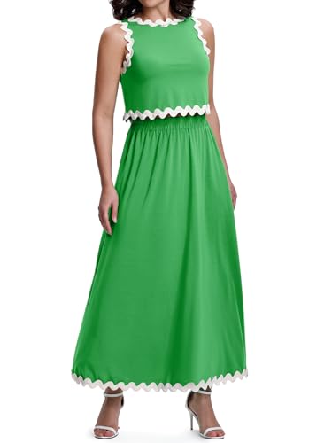Womens 2 Piece Outfits Dressy Casual Summer Crop Tops Ric Rac Trim High Waisted Maxi Skirt Set with Pocket