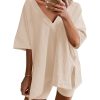 Womens Pajamas 2 Piece Lounge Sets Oversized V Neck T-Shirts Tops Biker Shorts Set Workout Reversible Tracksuit S-XXL