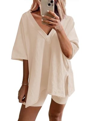 Womens Pajamas 2 Piece Lounge Sets Oversized V Neck T-Shirts Tops Biker Shorts Set Workout Reversible Tracksuit S-XXL