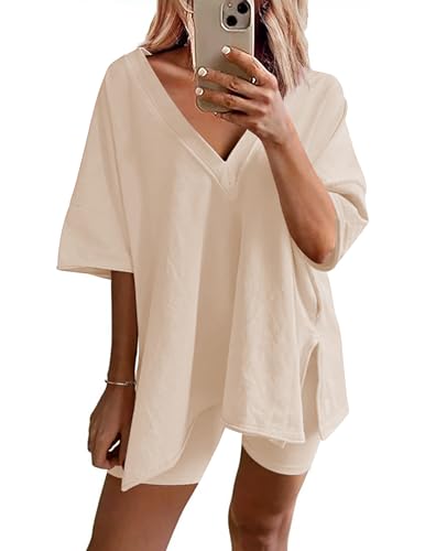 Womens Pajamas 2 Piece Lounge Sets Oversized V Neck T-Shirts Tops Biker Shorts Set Workout Reversible Tracksuit S-XXL