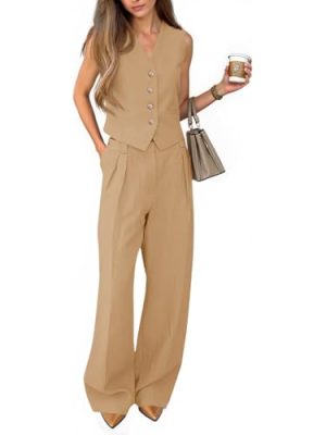 Women's 2 Piece Outfits V Neck Pants Sets Crop Vest Blazer and Wide Leg Suit