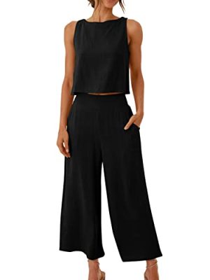 Two Piece Linen Sets for Women Pants Casual Dressy Outfit Sleeveless Crop Tank Wide Leg Pants Sets Matching Loungewear