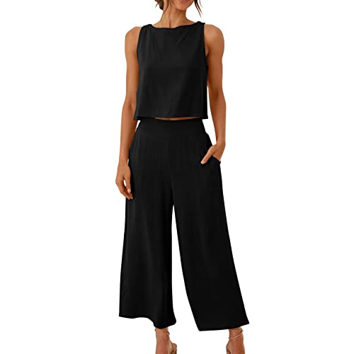 Two Piece Linen Sets for Women Pants Casual Dressy Outfit Sleeveless Crop Tank Wide Leg Pants Sets Matching Loungewear