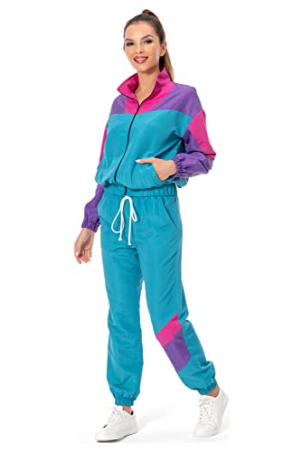 80s Track Suit for Women, 2 Piece Color Block Sweatsuits Neon Outfit Retro Sweatsuits for Themed Party