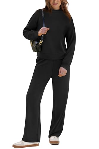 Two Piece Sets for Women Fall Outfits Lounge Sets Mock Neck Tops Wide Leg Pants Vacation Travel Airport Outfits