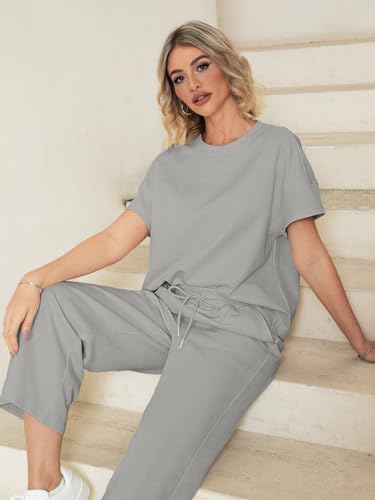 Womens 2 Piece Outfits Lounge Sets Short Sleeve Loose Fit Top and Wide Leg Pants Set Sweatsuits Tracksuit
