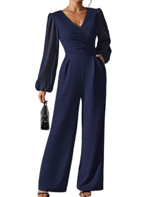 Jumpsuits for Women Dressy Patchwork Chiffon Sleeve V Neck Wide Leg Romper One Piece Trendy Outfits