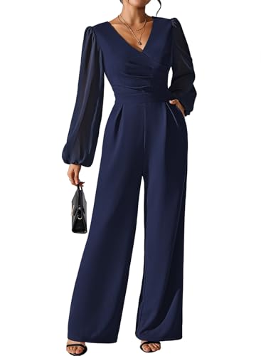 Jumpsuits for Women Dressy Patchwork Chiffon Sleeve V Neck Wide Leg Romper One Piece Trendy Outfits