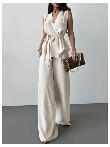 Women's Suit Pants Set 2 Piece Summer Outfit Wrap V Neck Belted Top and Pants Business Casual Clothes