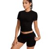 Women Workout 2 Piece sets Short Sleeve Tops Slim Foldover Shorts Matching Gym Outfits Tracksuit