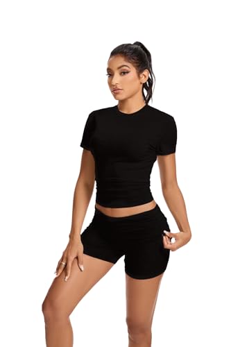 Women Workout 2 Piece sets Short Sleeve Tops Slim Foldover Shorts Matching Gym Outfits Tracksuit