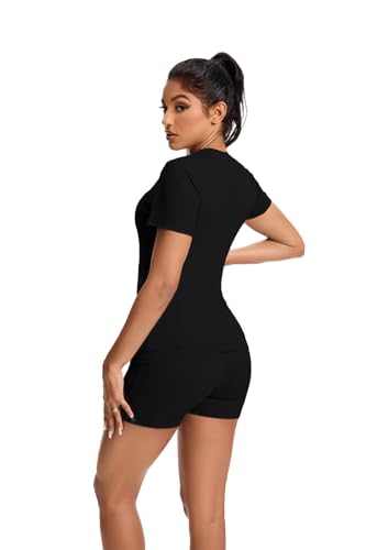 Women Workout 2 Piece sets Short Sleeve Tops Slim Foldover Shorts Matching Gym Outfits Tracksuit