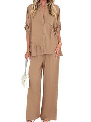 Two Piece Sets for Women Summer Outfits 2025 Dressy Casual Half Sleeve Button Down Shirt Wide Leg Pants Lounge Set
