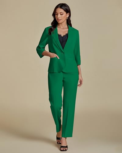 Pant Suits for Women Dressy 2 Piece Business Casual Outfits 3/4 Sleeve Blazer Straight Leg Pant Sets Office Work