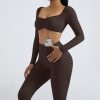 2 Piece Workout Sets for Women Long Sleeve Padded Sports Bra High Waisted Gym Outfits with Pocket